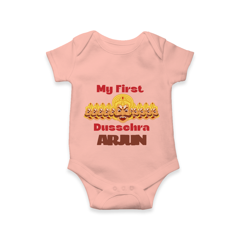 Good Always Wins My First Dussehra Romper | Personalized Baby Outfit - PEACH - New Born (Chest 14")
