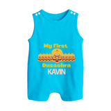 My First Dussehra Victory Bow Button Romper - SKY BLUE - New Born (Chest 18")
