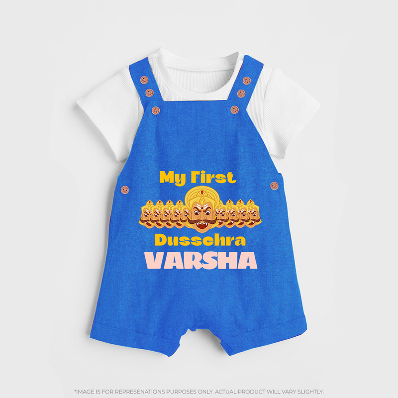 Good Always Wins My First Dussehra Dungaree Set | Personalized Baby Outfit - COBALT BLUE - 0 - 5 Months Old (Chest 18")