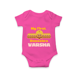 Good Always Wins My First Dussehra Romper | Personalized Baby Outfit - HOT PINK - New Born (Chest 14")