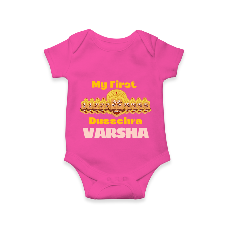 Good Always Wins My First Dussehra Romper | Personalized Baby Outfit - HOT PINK - New Born (Chest 14")