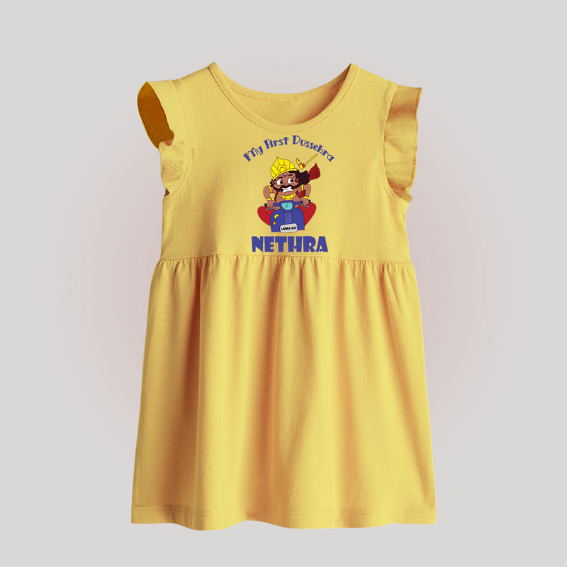 Tiny Festival Hero My First Dussehra Baby Frock | Custom Baby Frock - PASTEL YELLOW - 0 - 3 Months Old (Chest 17")
