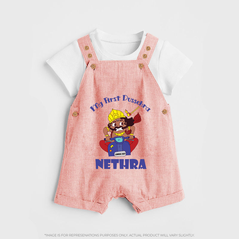 Tiny Festival Hero My First Dussehra Dungaree Set | Custom Baby Dungaree Set - PEACH - 0 - 5 Months Old (Chest 18")