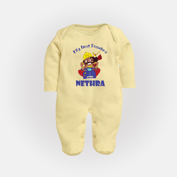 Tiny Festival Hero My First Dussehra Sleep Suit | Custom Baby Sleep Suit - PASTEL YELLOW - New Born (Chest 7.5")