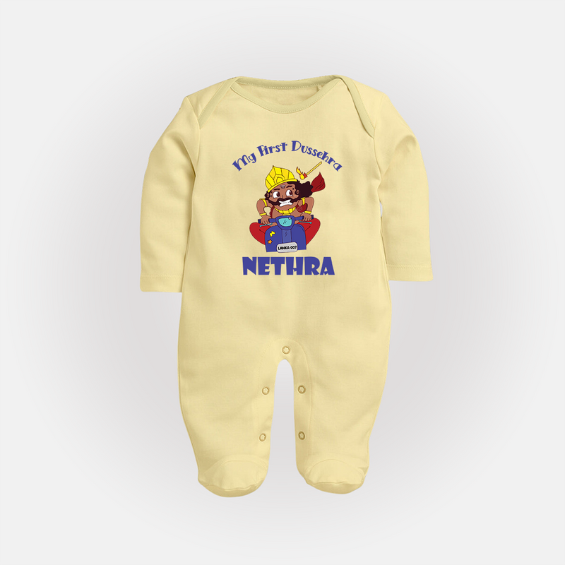 Tiny Festival Hero My First Dussehra Sleep Suit | Custom Baby Sleep Suit - PASTEL YELLOW - New Born (Chest 7.5")