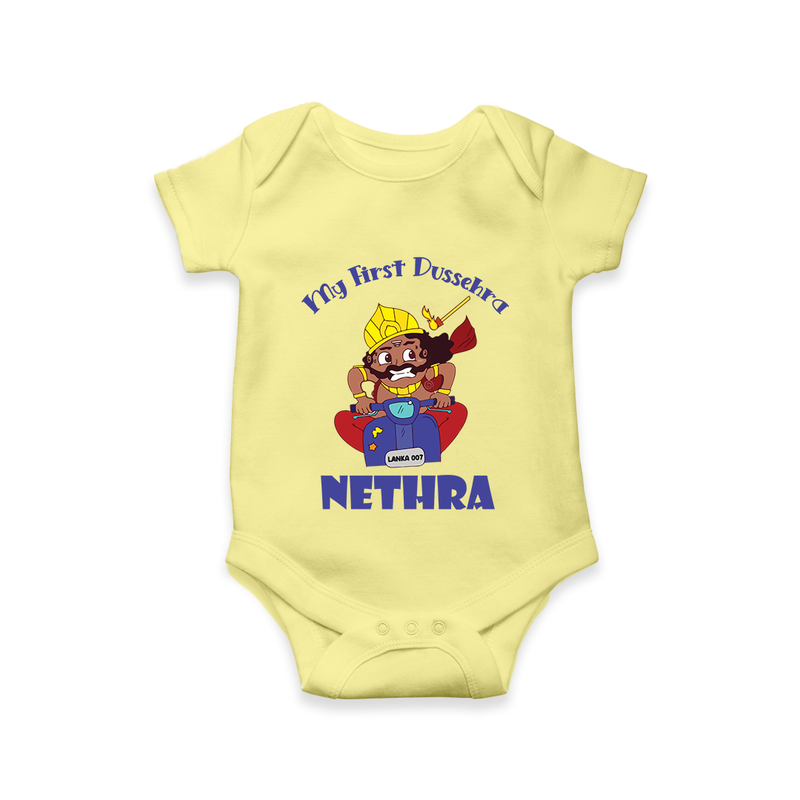 Tiny Festival Hero My First Dussehra Romper | Custom Baby Romper - PASTEL YELLOW - New Born (Chest 14")