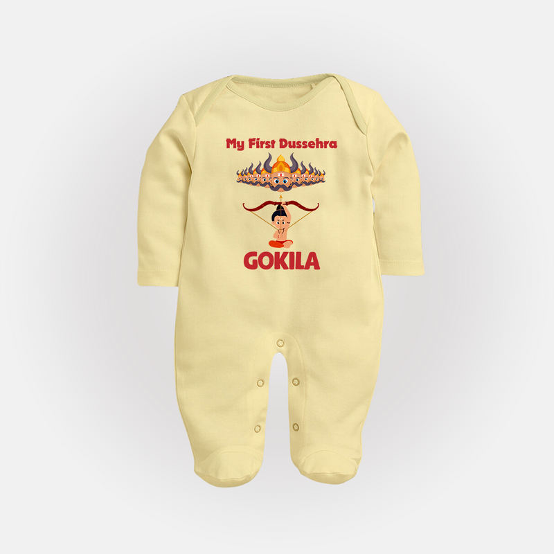 Arrow of Goodness My First Dussehra Sleep Suit | Custom Festival Baby Sleep Suit - PASTEL YELLOW - New Born (Chest 7.5")