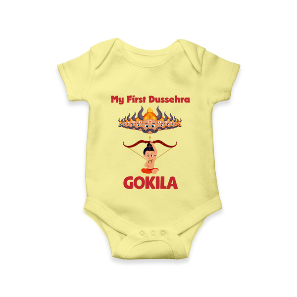 Arrow of Goodness My First Dussehra Romper | Custom Festival Baby Romper - PASTEL YELLOW - New Born (Chest 14")