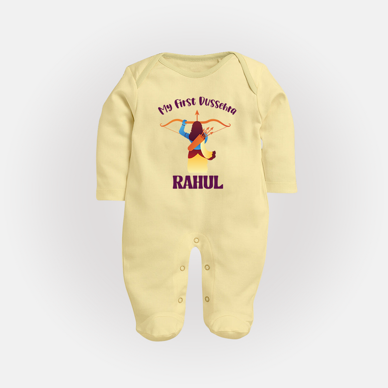 Chhota Ram My First Dussehra Sleep Suit | Custom Baby Sleep Suit for Festival Fun - PASTEL YELLOW - New Born (Chest 7.5")