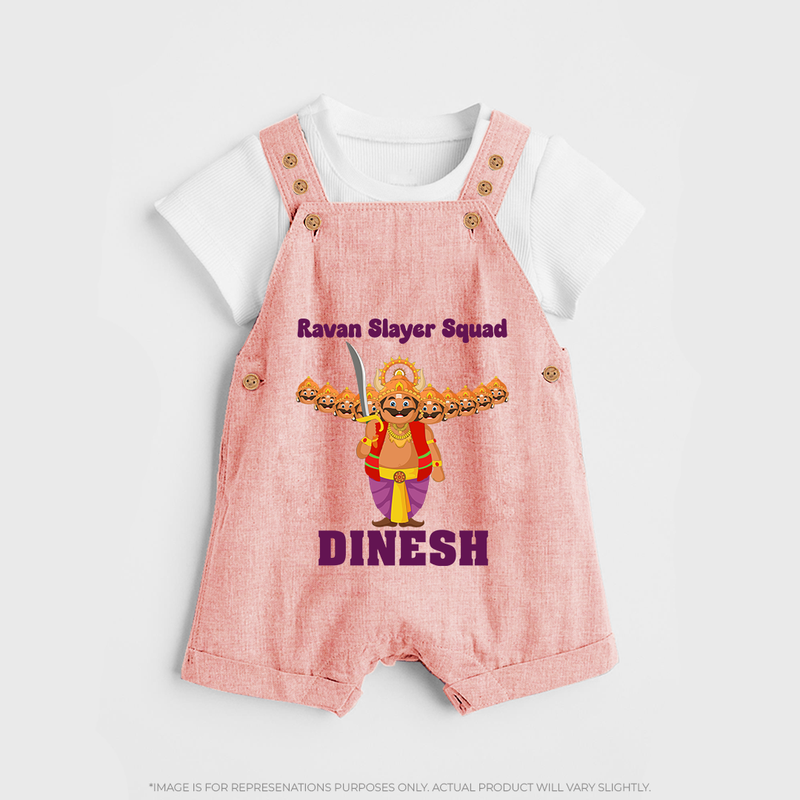 Ravan Slayer Squad Dungaree Set | Personalized Baby Dungaree Set for Dussehra - PEACH - 0 - 5 Months Old (Chest 18")