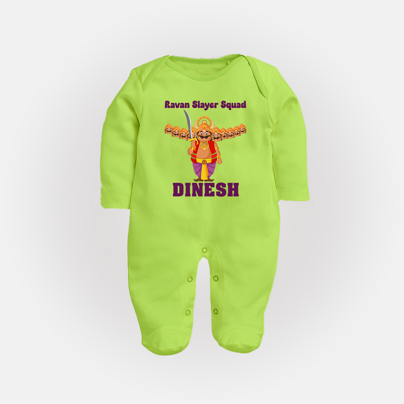 Ravan Slayer Squad Sleep Suit | Personalized Baby Sleep Suit for Dussehra - LIME GREEN - New Born (Chest 7.5")