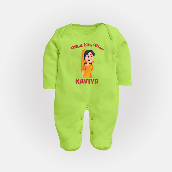 Mini Sita Maa Sleep Suit | Custom Baby Sleep Suit for Festival Spirit - LIME GREEN - New Born (Chest 7.5")