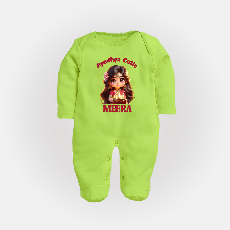 Ayodhya Cutie Sleep Suit | Personalized Baby Sleep Suit for Dussehra Festivities - LIME GREEN - New Born (Chest 7.5")