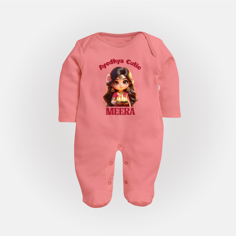 Ayodhya Cutie Sleep Suit | Personalized Baby Sleep Suit for Dussehra Festivities - PEACH - New Born (Chest 7.5")