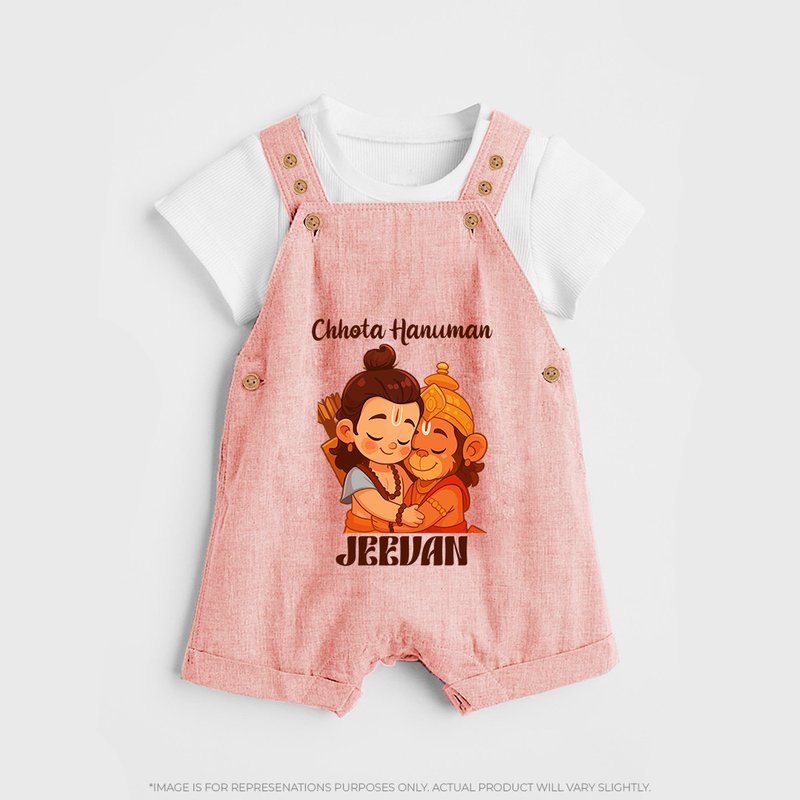 Chhota Hanuman Dungaree Set | Custom Baby Dungaree Set for Little Devotees - PEACH - 0 - 5 Months Old (Chest 18")