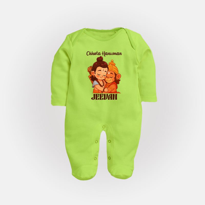 Chhota Hanuman Sleep Suit | Custom Baby Sleep Suit for Little Devotees - LIME GREEN - New Born (Chest 7.5")