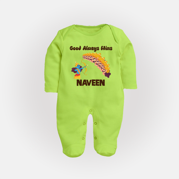 Good Always Wins Sleep Suit | Personalized Baby Sleep Suit for Festival Celebration - LIME GREEN - New Born (Chest 7.5")