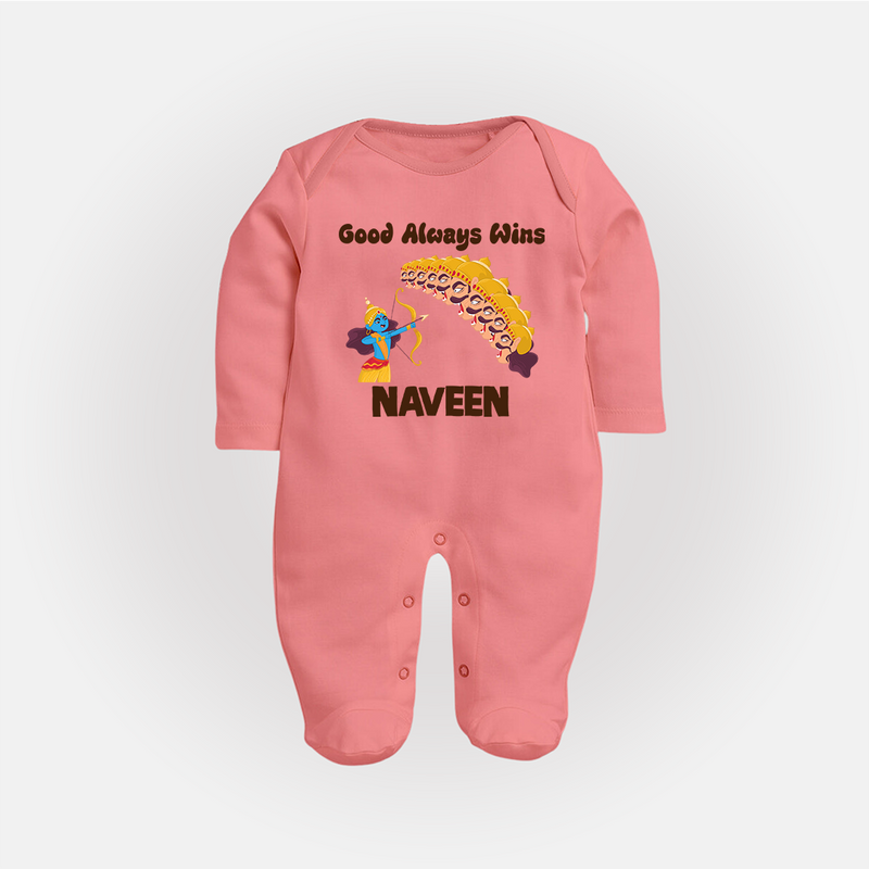 Good Always Wins Sleep Suit | Personalized Baby Sleep Suit for Festival Celebration - PEACH - New Born (Chest 7.5")