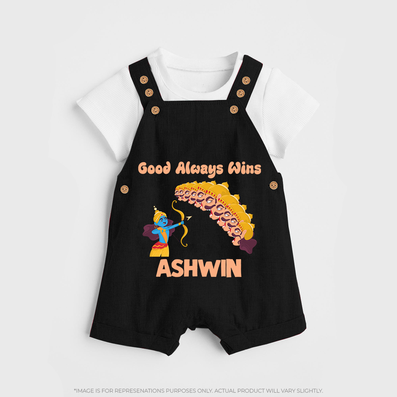 Good Always Wins Dungaree Set | Personalized Baby Dungaree Set for Festival Celebration - BLACK - 0 - 5 Months Old (Chest 18")