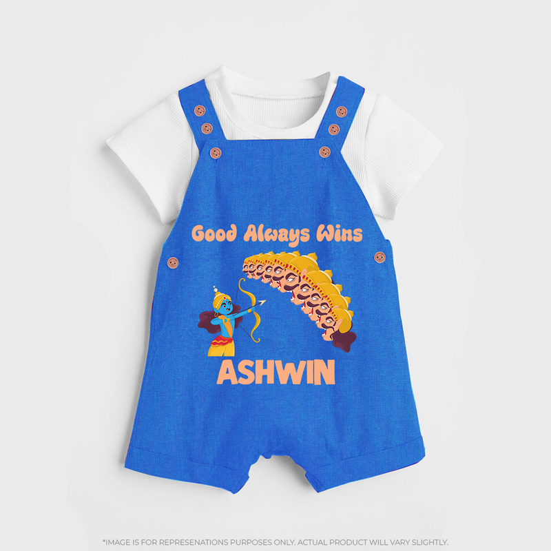 Good Always Wins Dungaree Set | Personalized Baby Dungaree Set for Festival Celebration - COBALT BLUE - 0 - 5 Months Old (Chest 18")