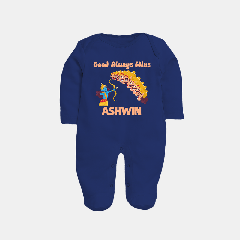 Good Always Wins Sleep Suit | Personalized Baby Sleep Suit for Festival Celebration - NAVY BLUE - New Born (Chest 7.5")