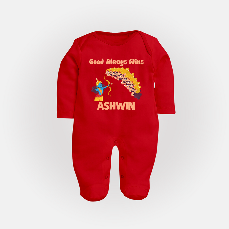 Good Always Wins Sleep Suit | Personalized Baby Sleep Suit for Festival Celebration - RED - New Born (Chest 7.5")