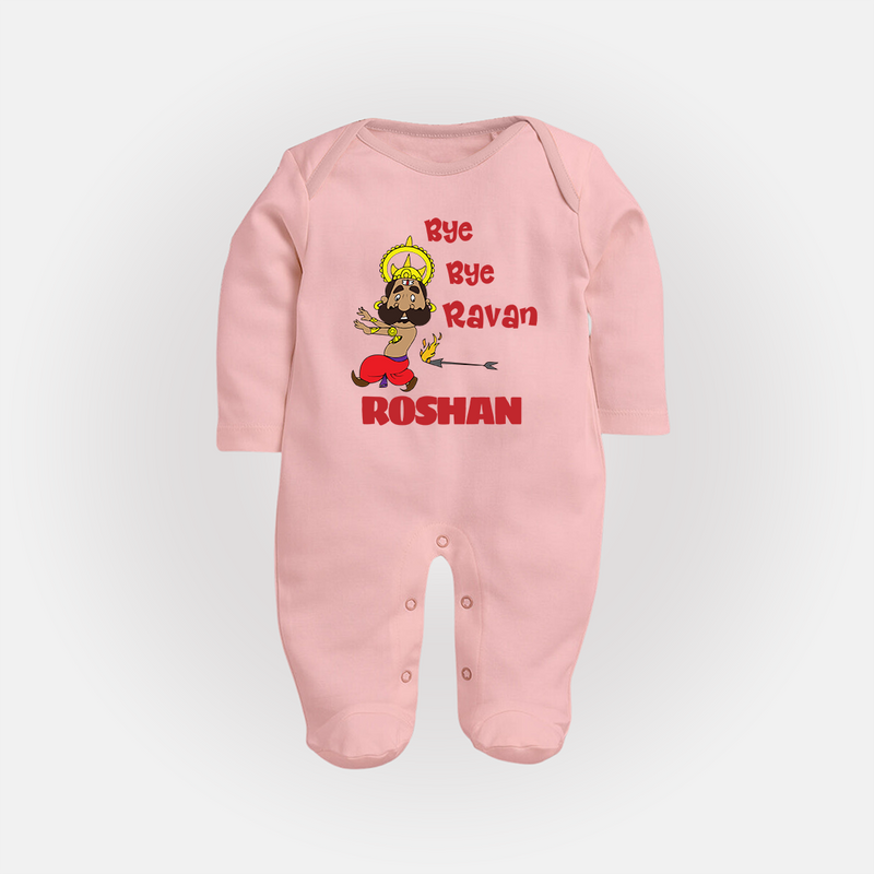 Bye Bye Ravan Sleep Suit | Custom Baby Sleep Suit for Dussehra Celebration - BABY PINK - New Born (Chest 7.5")