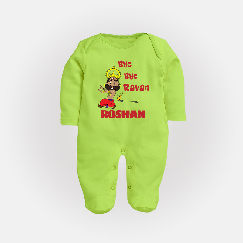 Bye Bye Ravan Sleep Suit | Custom Baby Sleep Suit for Dussehra Celebration - LIME GREEN - New Born (Chest 7.5")