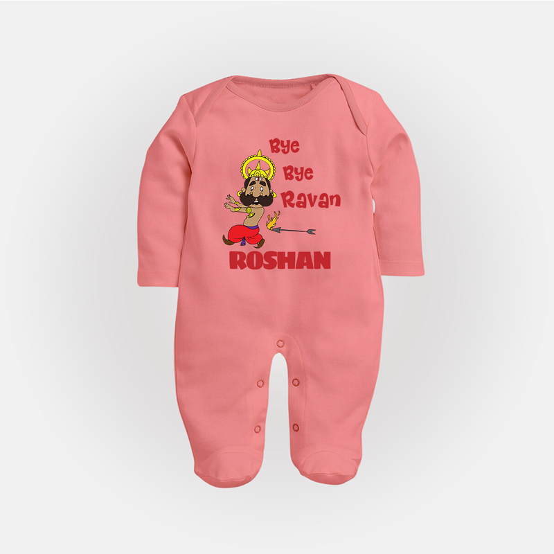Bye Bye Ravan Sleep Suit | Custom Baby Sleep Suit for Dussehra Celebration - PEACH - New Born (Chest 7.5")