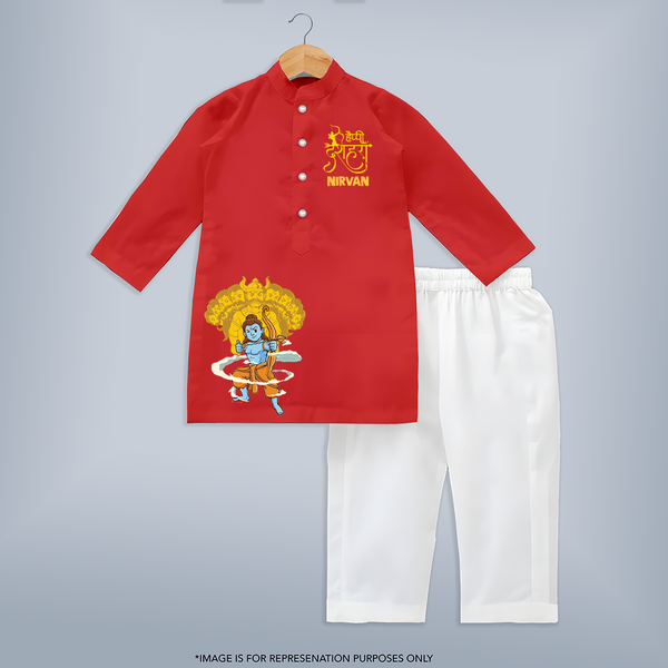 Krishna Divine Flute Kurta - RED - 3 - 6 Months Old (Chest 24", Kurta Length 14'', Waist 19", Pant Length 14")