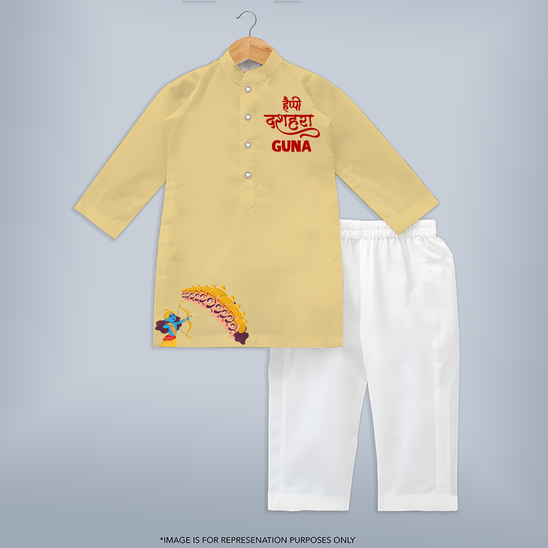 Dussehra Celebration Kurta | Personalized Kids Kurta for Vijayadashami - PASTEL YELLOW - 3 - 6 Months Old (Chest 24", Kurta Length 14'', Waist 19", Pant Length 14")