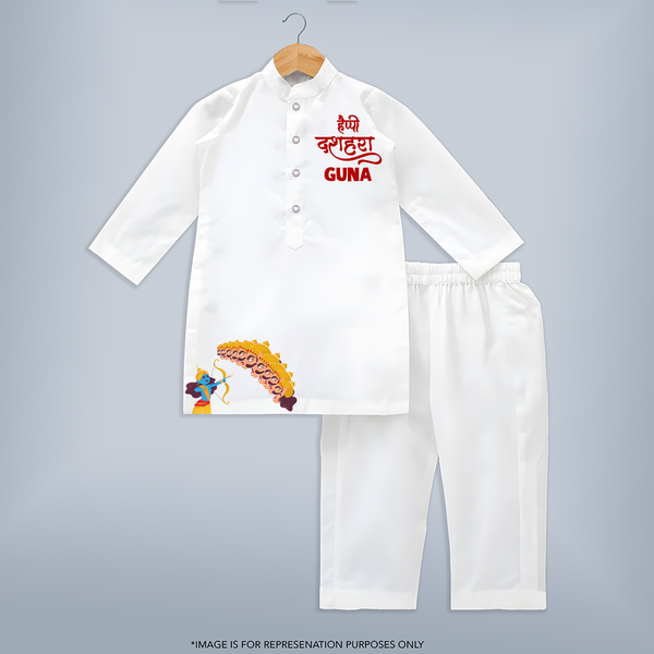 Dussehra Celebration Kurta | Personalized Kids Kurta for Vijayadashami - WHITE - 3 - 6 Months Old (Chest 24", Kurta Length 14'', Waist 19", Pant Length 14")