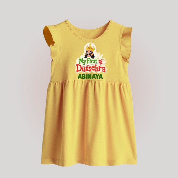 My First Dussehra Irayyan Ravan Theme Baby Frock - PASTEL YELLOW - 0 - 3 Months Old (Chest 17")