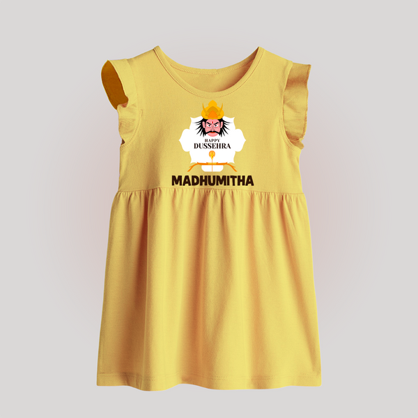 Happy Dussehra Ravan Face Baby Frock - PASTEL YELLOW - 0 - 3 Months Old (Chest 17")