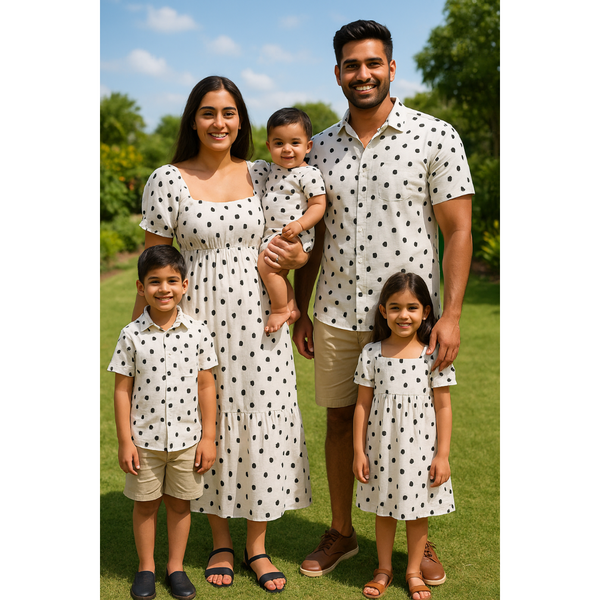 Dalmatian Print Family Outfit Set,co-ordinated in outfits for dad, mom, boy, girl, and baby"
