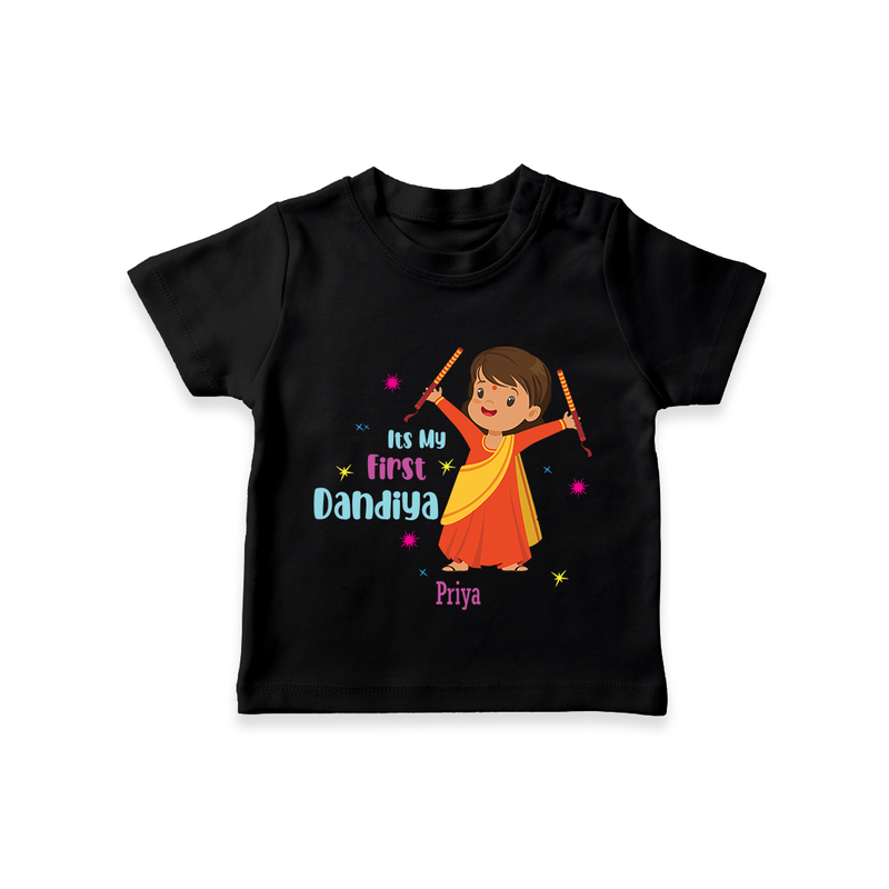 Dandiya Celebrations, My First Dandiya - Customized T-Shirt For Kids - BLACK - 0-5 Months Old (Chest 17")