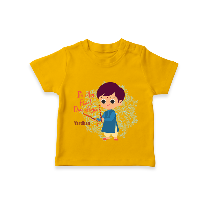 My First Dandiya - Customized Dandiya Themed T-Shirt For Little ones - CHROME YELLOW - 0-5 Months Old (Chest 17")