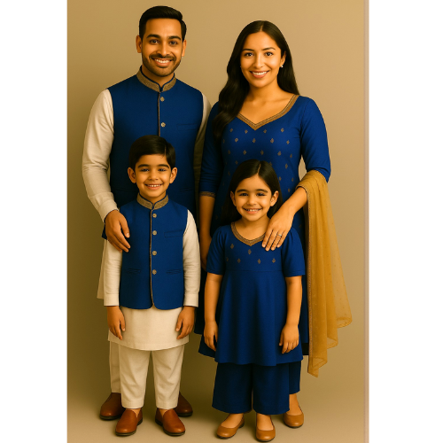 Family wearing coordinated royal blue and cream raw silk ethnic outfits — father, mother, son, and daughter in matching traditional Indian festive wear.