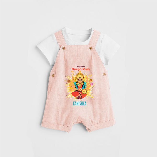 Durga Pooja Celebrations, My First Durga Pooja - Customized Dungaree Set For Kids - PEACH - 0 - 5 Months Old (Chest 18")