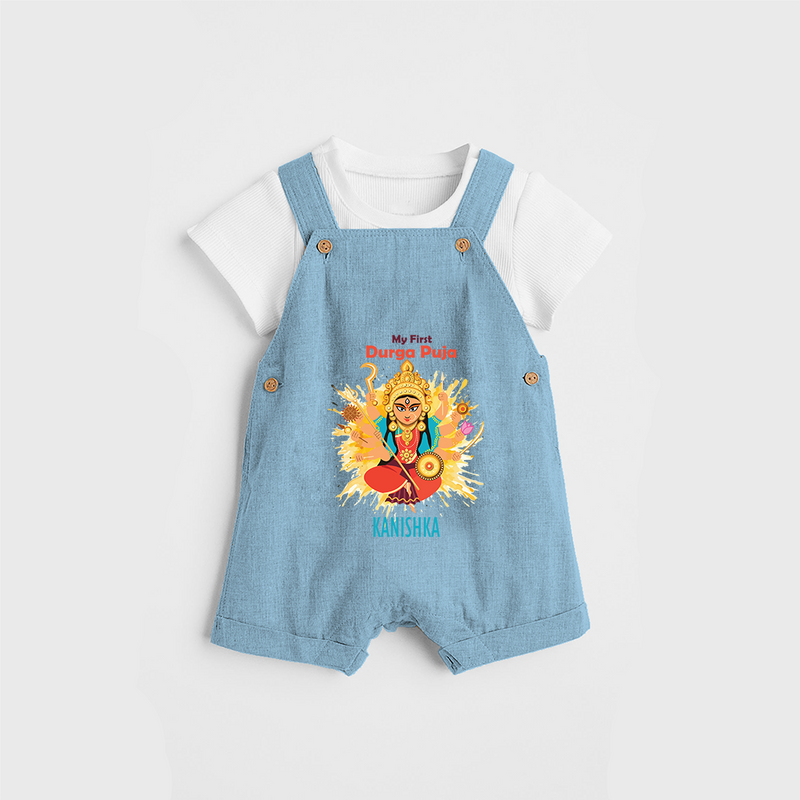 Durga Pooja Celebrations, My First Durga Pooja - Customized Dungaree Set For Kids - SKY BLUE - 0 - 5 Months Old (Chest 18")