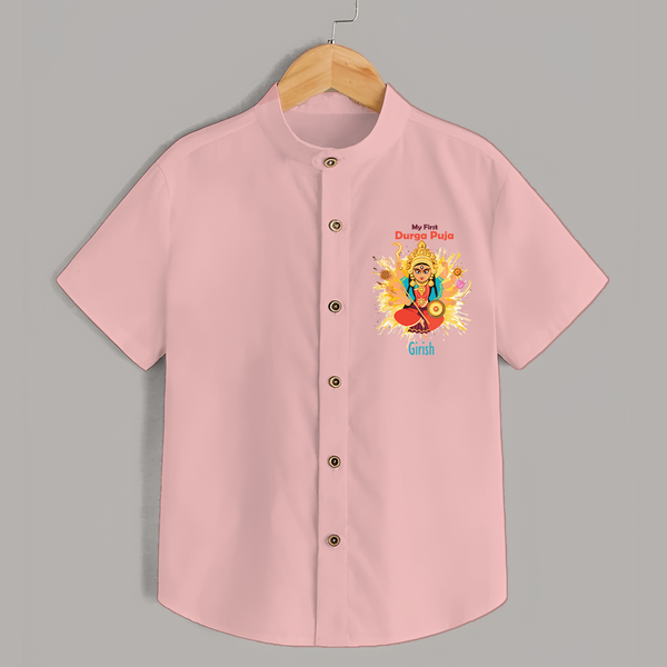 Durga Pooja Celebrations, My First Durga Pooja - Customized Shirt For Kids - PEACH - 0 - 6 Months Old (Chest 23")