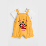 My First Durga Pooja - Customized Durga Pooja Themed Dungaree Set For Little ones - PASTEL YELLOW - 0 - 5 Months Old (Chest 18")