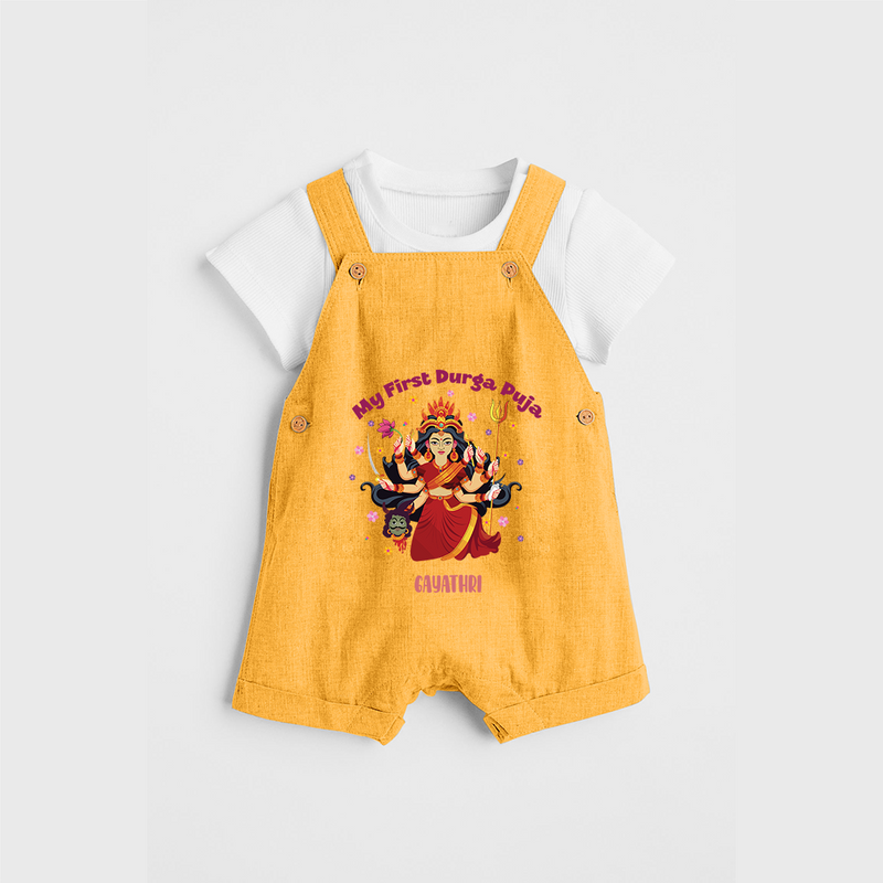 My First Durga Pooja - Customized Durga Pooja Themed Dungaree Set For Little ones - PASTEL YELLOW - 0 - 5 Months Old (Chest 18")