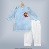 My First Durga Pooja - Customized Durga Pooja Themed Kurta Set For Little ones - SKY BLUE - 3-6 Month Old (Chest 24", Kurta Length 14'', Waist 19", Pant Length 14")