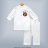 My First Durga Pooja - Customized Durga Pooja Themed Kurta Set For Little ones - WHITE - 3-6 Month Old (Chest 24", Kurta Length 14'', Waist 19", Pant Length 14")