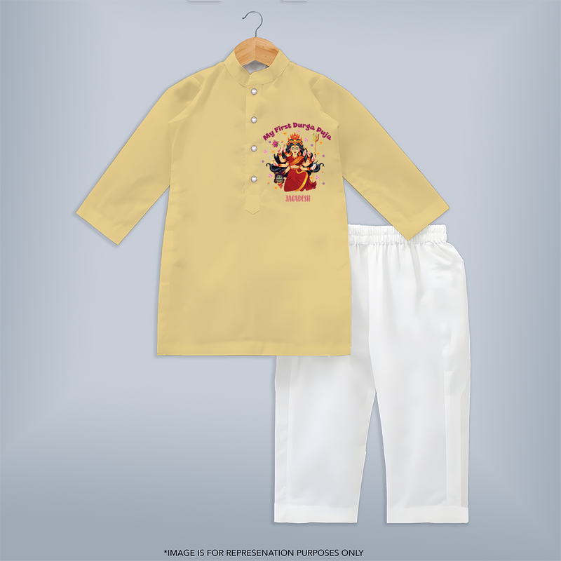 My First Durga Pooja - Customized Durga Pooja Themed Kurta Set For Little ones - YELLOW - 3-6 Month Old (Chest 24", Kurta Length 14'', Waist 19", Pant Length 14")