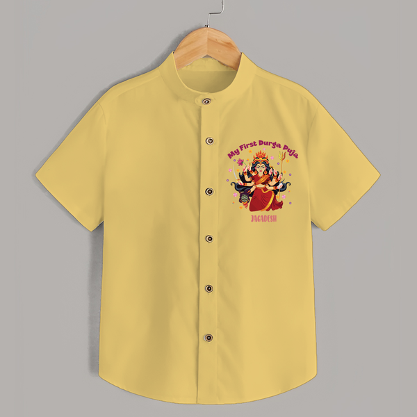 My First Durga Pooja - Customized Durga Pooja Themed Shirt For Little ones - YELLOW - 0 - 6 Months Old (Chest 23")