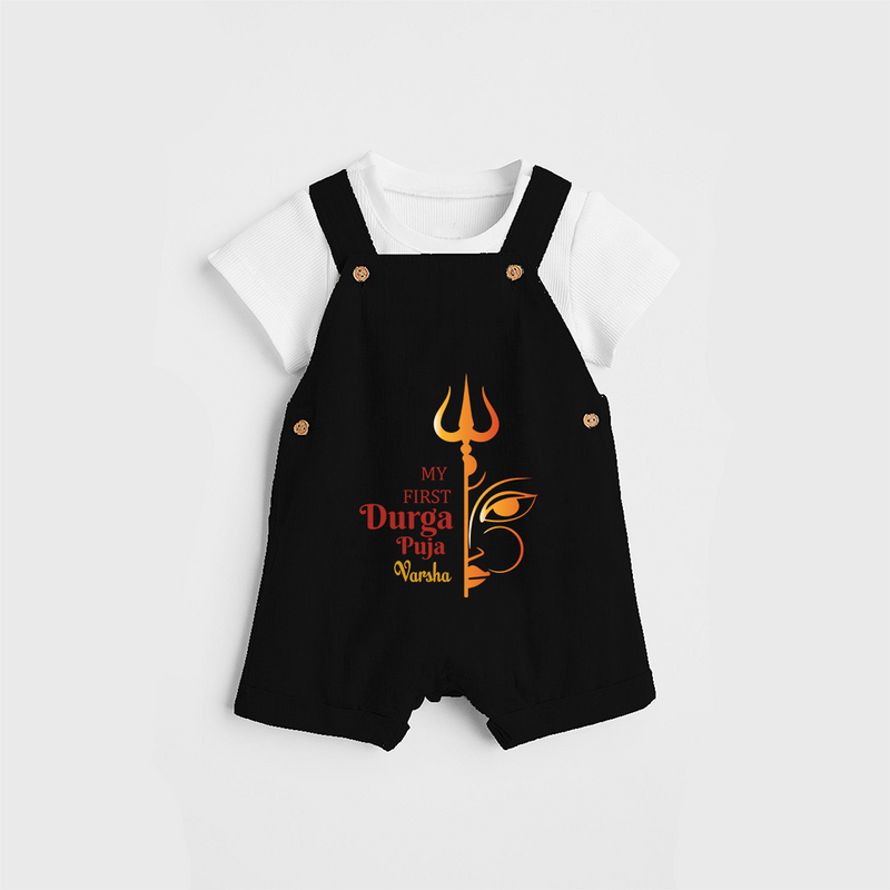 My First Durga Pooja Titled Customized Dungaree Set For Kids - BLACK - 0 - 5 Months Old (Chest 18")