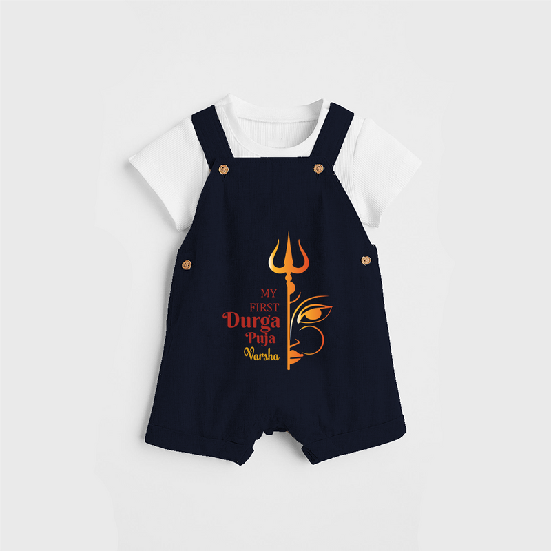 My First Durga Pooja Titled Customized Dungaree Set For Kids - NAVY BLUE - 0 - 5 Months Old (Chest 18")