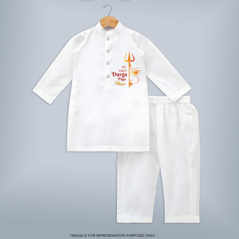 My First Durga Pooja Titled Customized Kurta Set For Kids - WHITE - 3-6 Month Old (Chest 24", Kurta Length 14'', Waist 19", Pant Length 14")